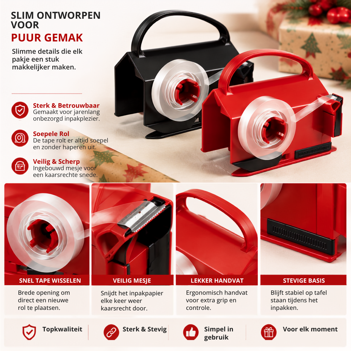 SnelPak™ — Nooit meer geknoei met scharen en kwijtgeraakte tape.